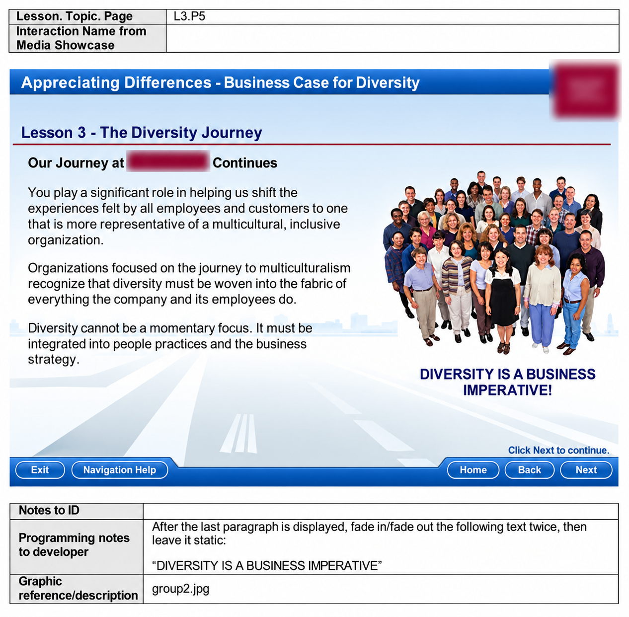Storyboard page for an airline diversity course — Lesson 3, The Diversity Journey