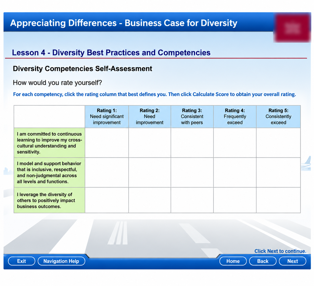 Storyboard page for an airline diversity course — Lesson 4, Diversity Competencies Self-Assessment