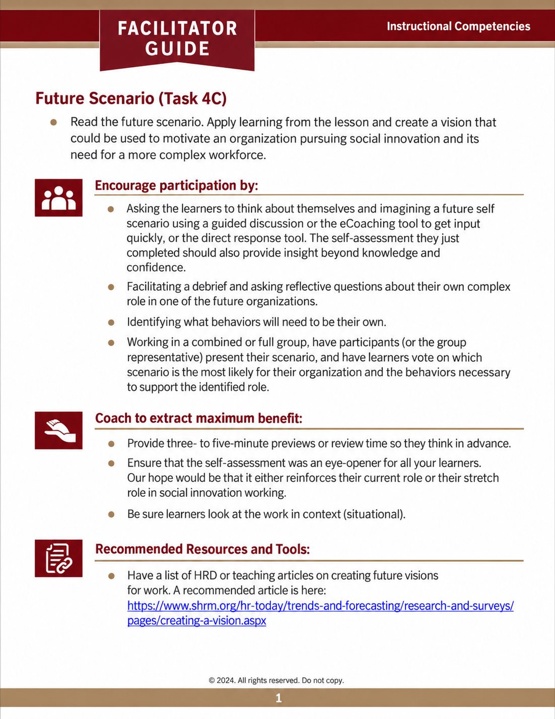 Facilitator guide page — Future Scenario (Task 4C): instructions for encouraging participation, coaching for maximum benefit, and recommended resources