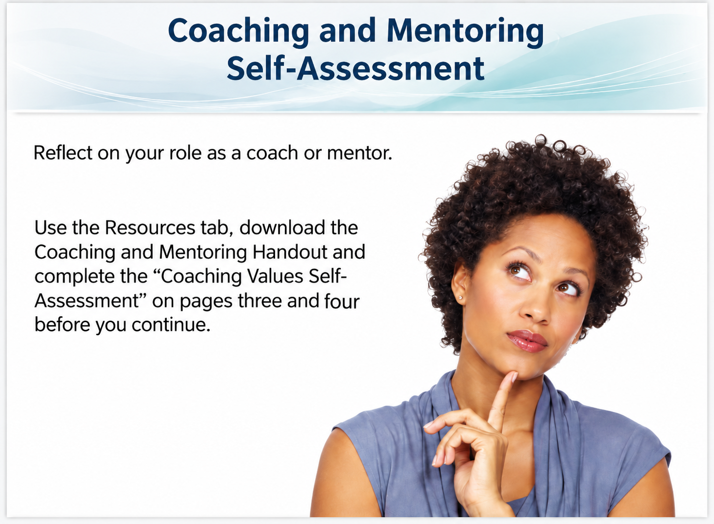 Coaching and Mentoring course screen — Self-Assessment: prompt to complete the Coaching Values Self-Assessment handout