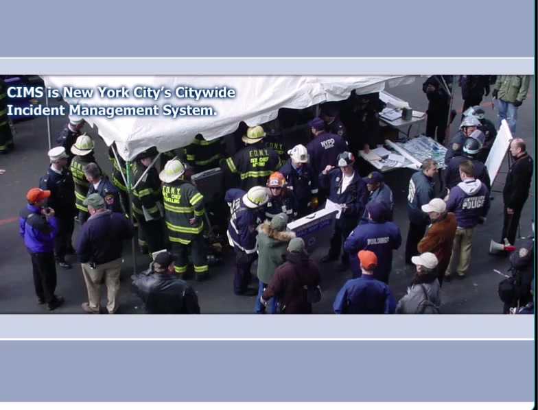CIMS course video — New York City's Citywide Incident Management System, opening scene with FDNY and NYPD personnel at an incident command tent