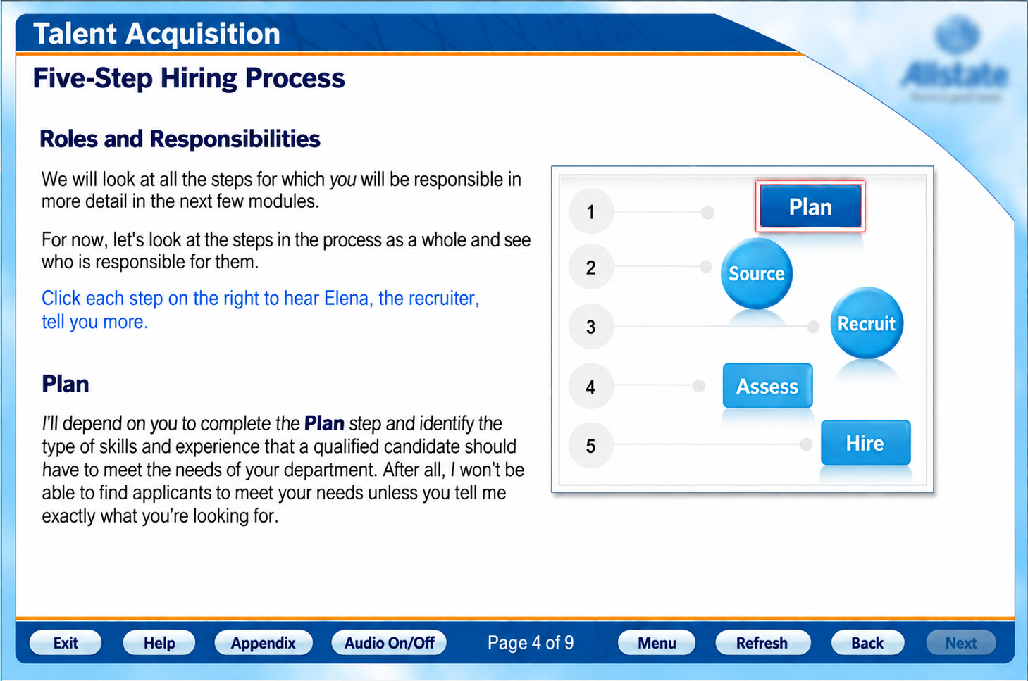 Insurance training course screen — Talent Acquisition: Five-Step Hiring Process (Plan, Source, Recruit, Assess, Hire)